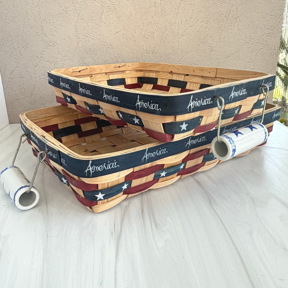 Set of 2 Patriotic Americana Woven Wood Baskets with Star Ceramic Handles
